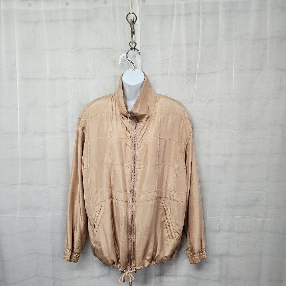 East West Silks Blush Pink Silk Bomber Jacket Mock Neck Insulated Zip M